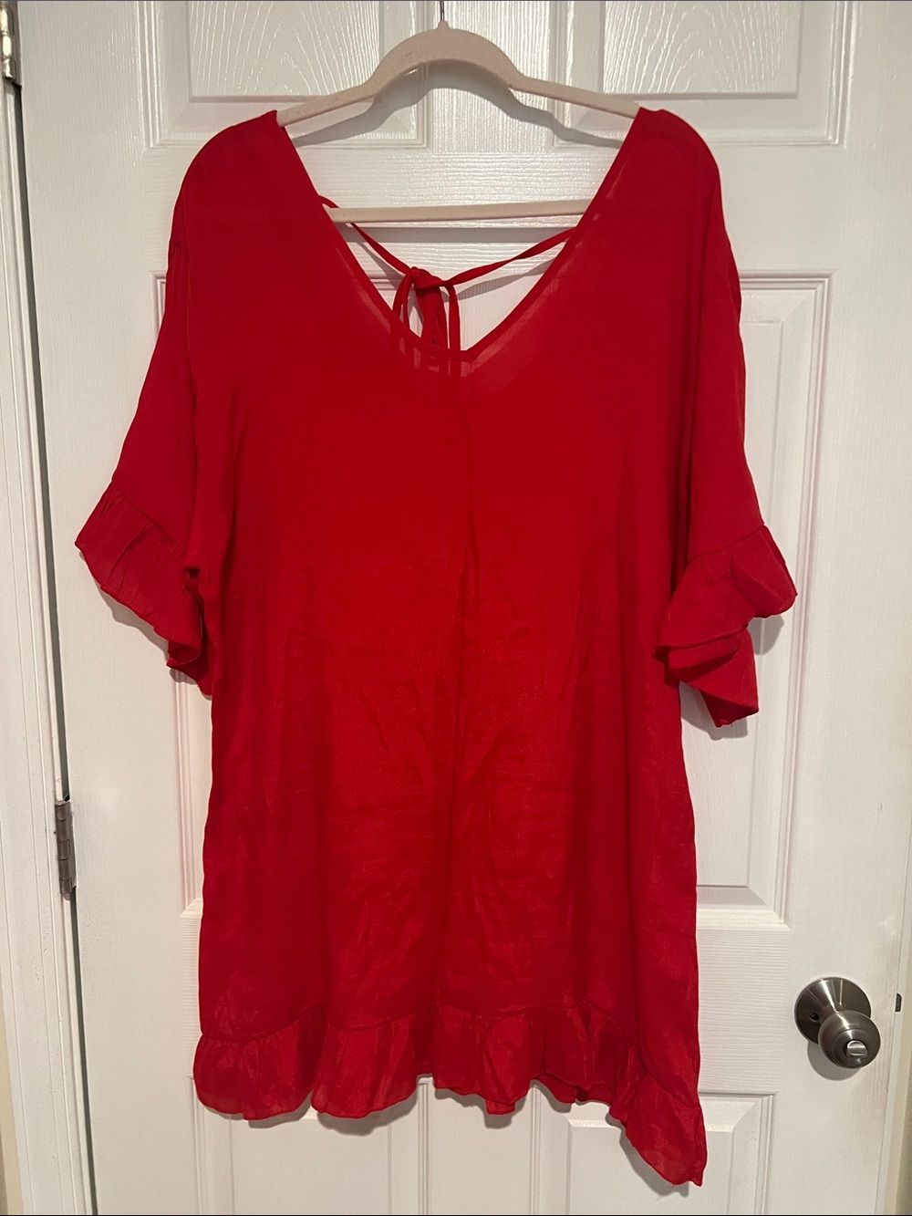 Red V-Neck Ruffle Swim Coverup with Back Tie